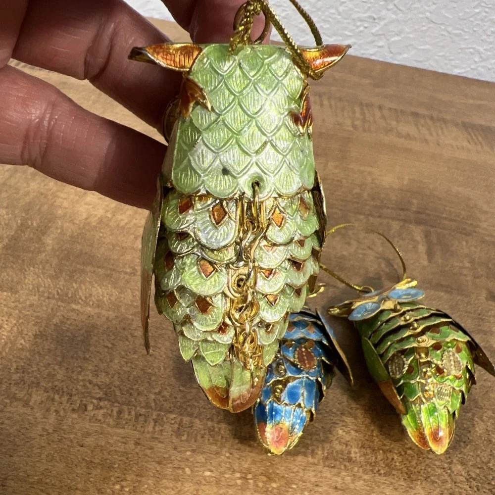 Lot Of 3 Cloisonne‎ Articulated Owl Ornament Enamel on Copper